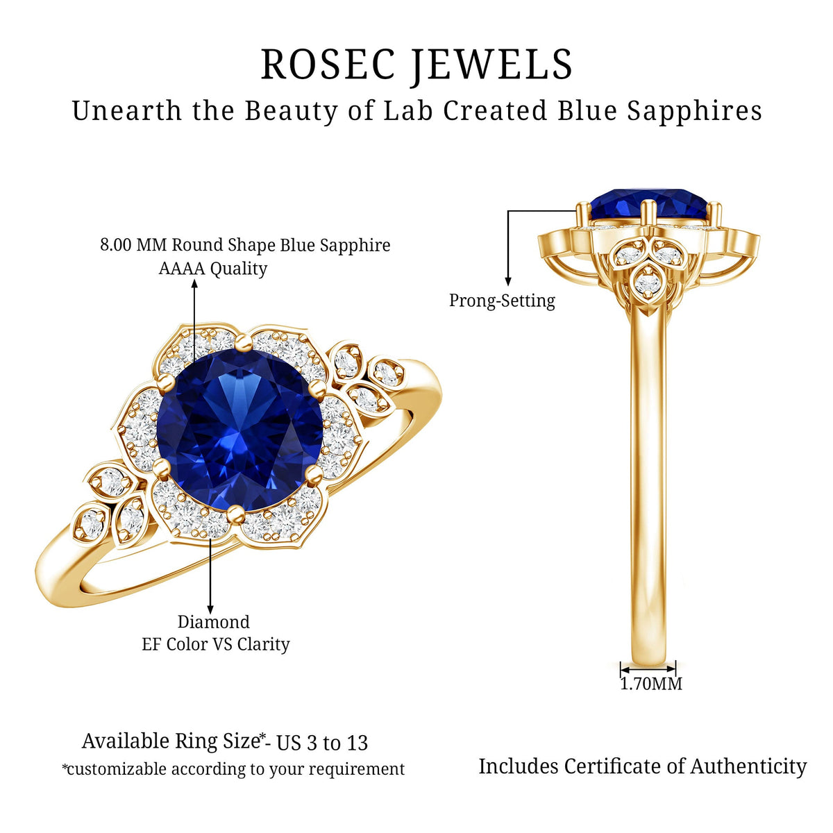 Round Created Blue Sapphire Flower Engagement Ring with Diamond
