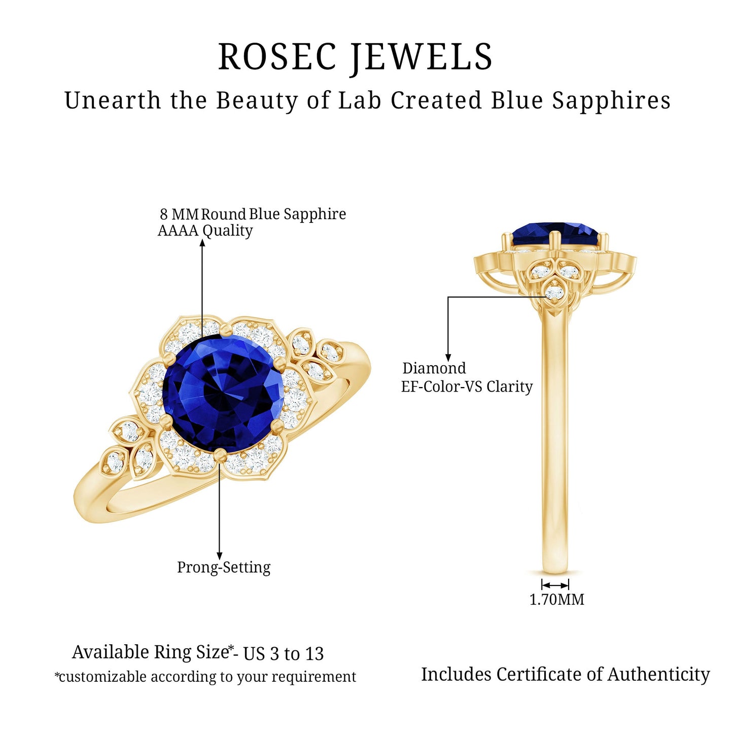 Round Created Blue Sapphire Flower Engagement Ring with Diamond