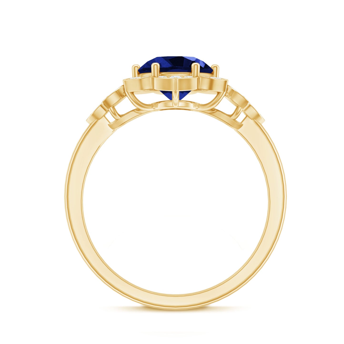 Round Created Blue Sapphire Flower Engagement Ring with Diamond