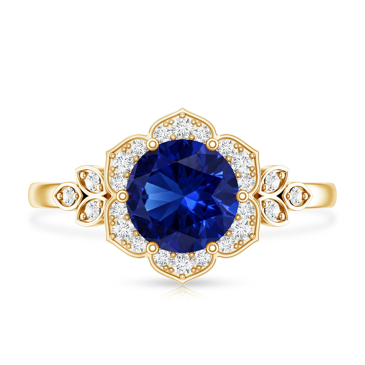 Round Created Blue Sapphire Flower Engagement Ring with Diamond