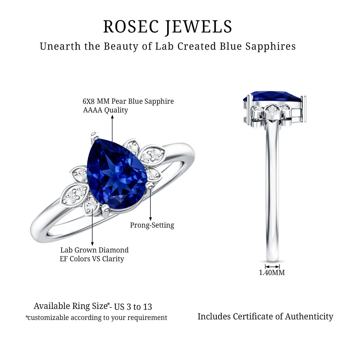 Certified Lab Grown Blue Sapphire Teardrop Engagement Ring with Diamonds
