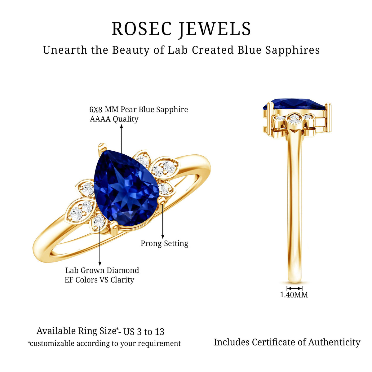 Certified Lab Grown Blue Sapphire Teardrop Engagement Ring with Diamonds