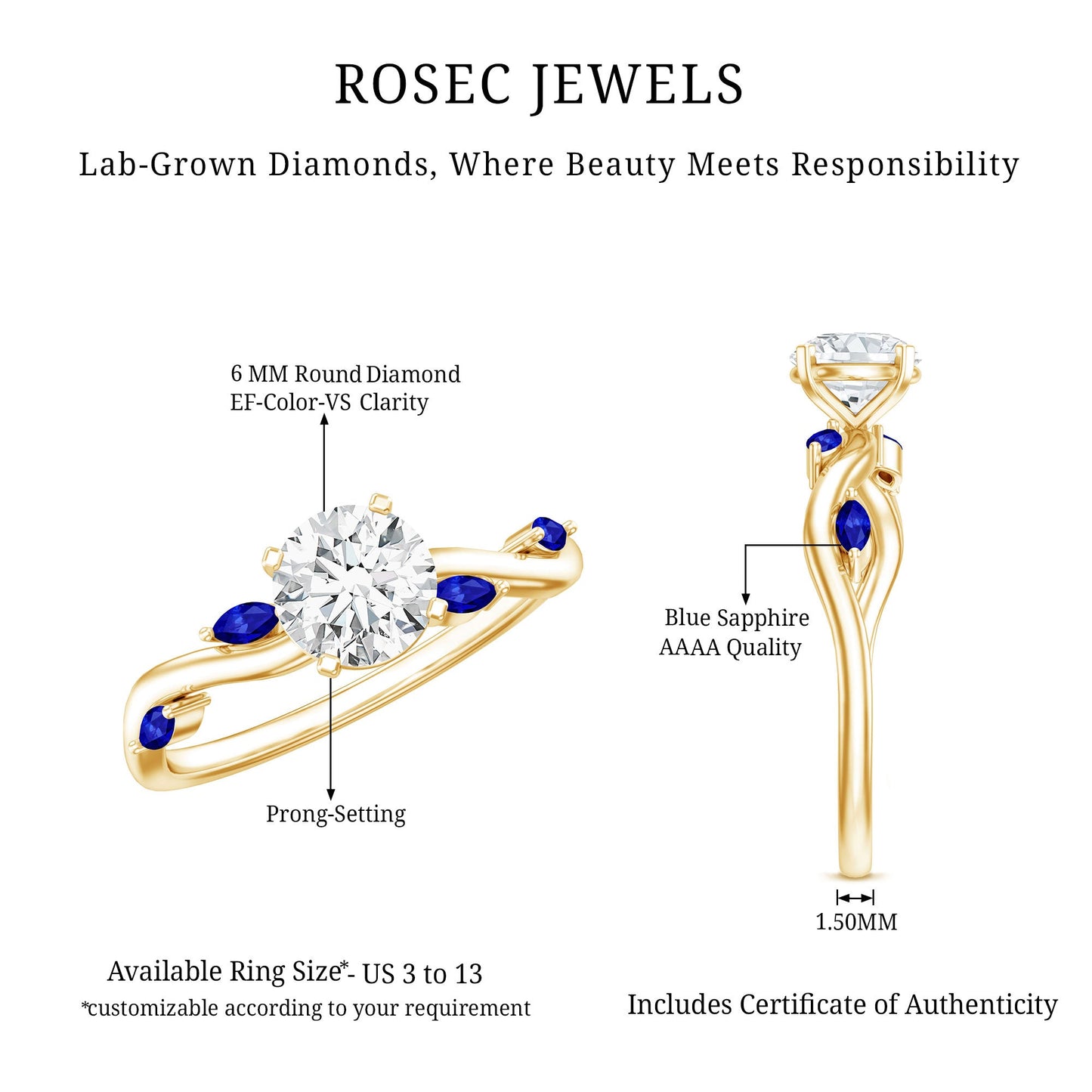 Certified Lab Grown Diamond Engagement Ring with Sapphire