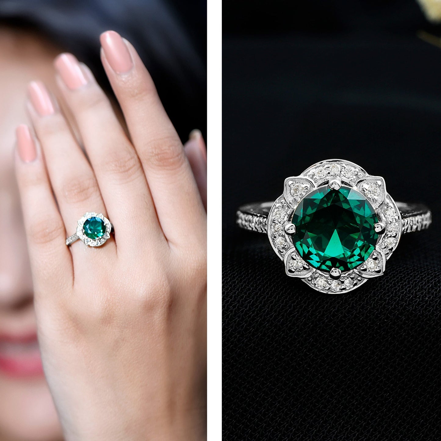 2 Carat Lab Grown Emerald Vintage Inspired Engagement Ring with Diamond
