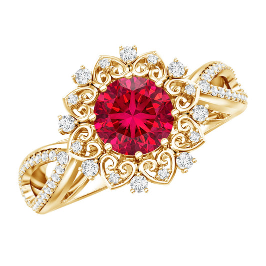 Lab Grown Ruby and Diamond Antique Looking Engagement Ring For Women
