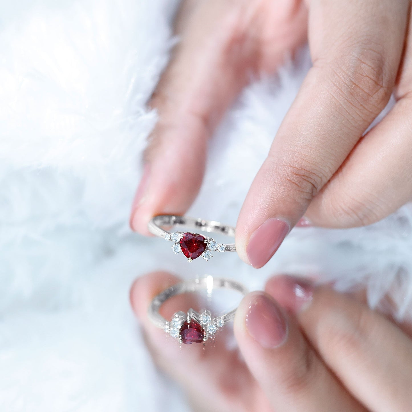 Lab Grown Ruby Heart Promise Ring with Diamond Accent