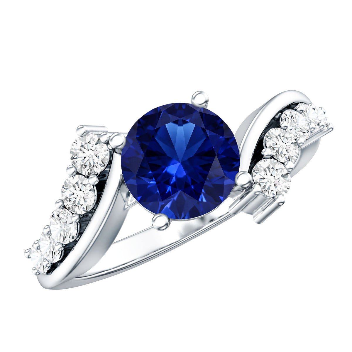 Certified 2.7 Carat Lab Grown Blue Sapphire Engagement Ring with Diamond Bypass Shank
