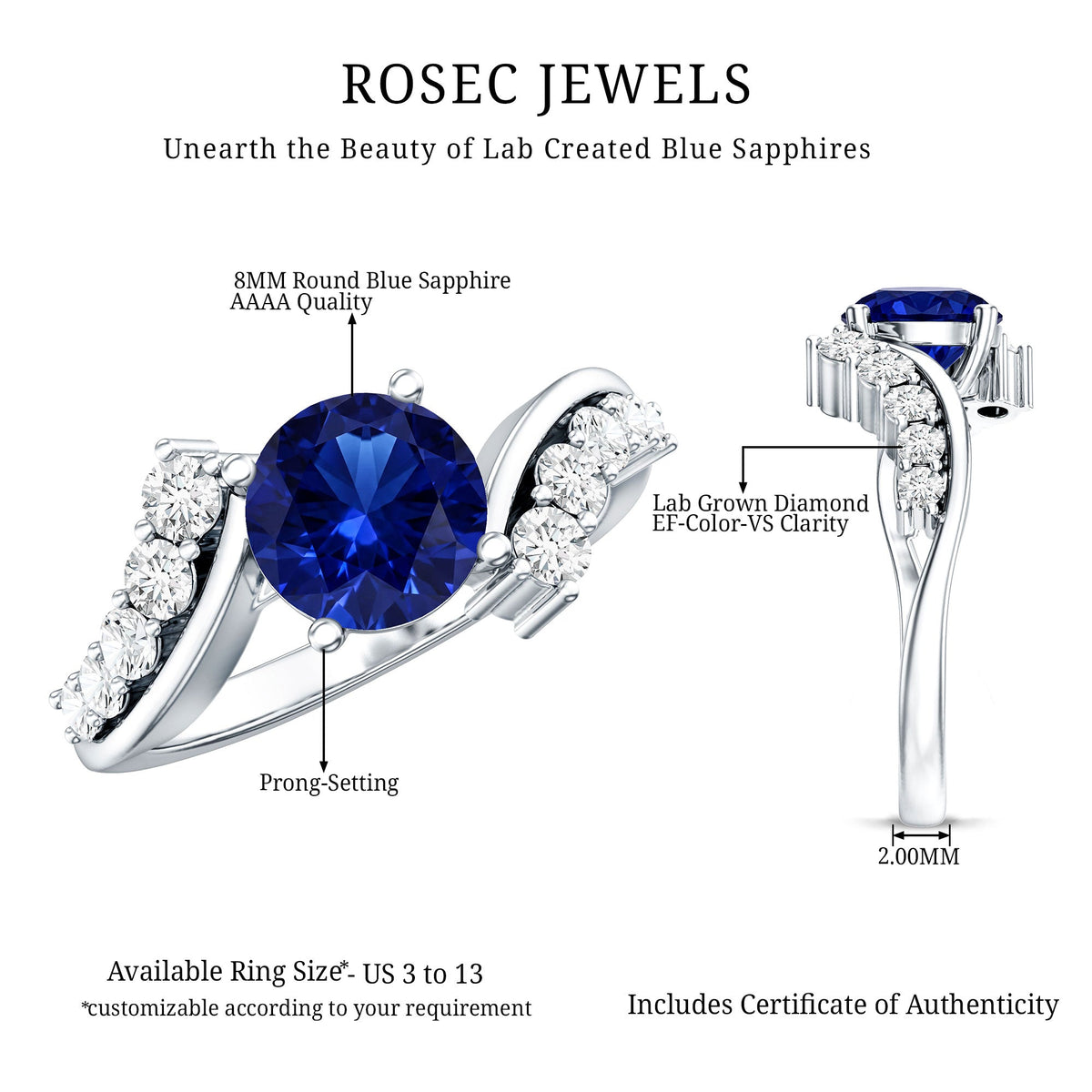 Certified 2.7 Carat Lab Grown Blue Sapphire Engagement Ring with Diamond Bypass Shank