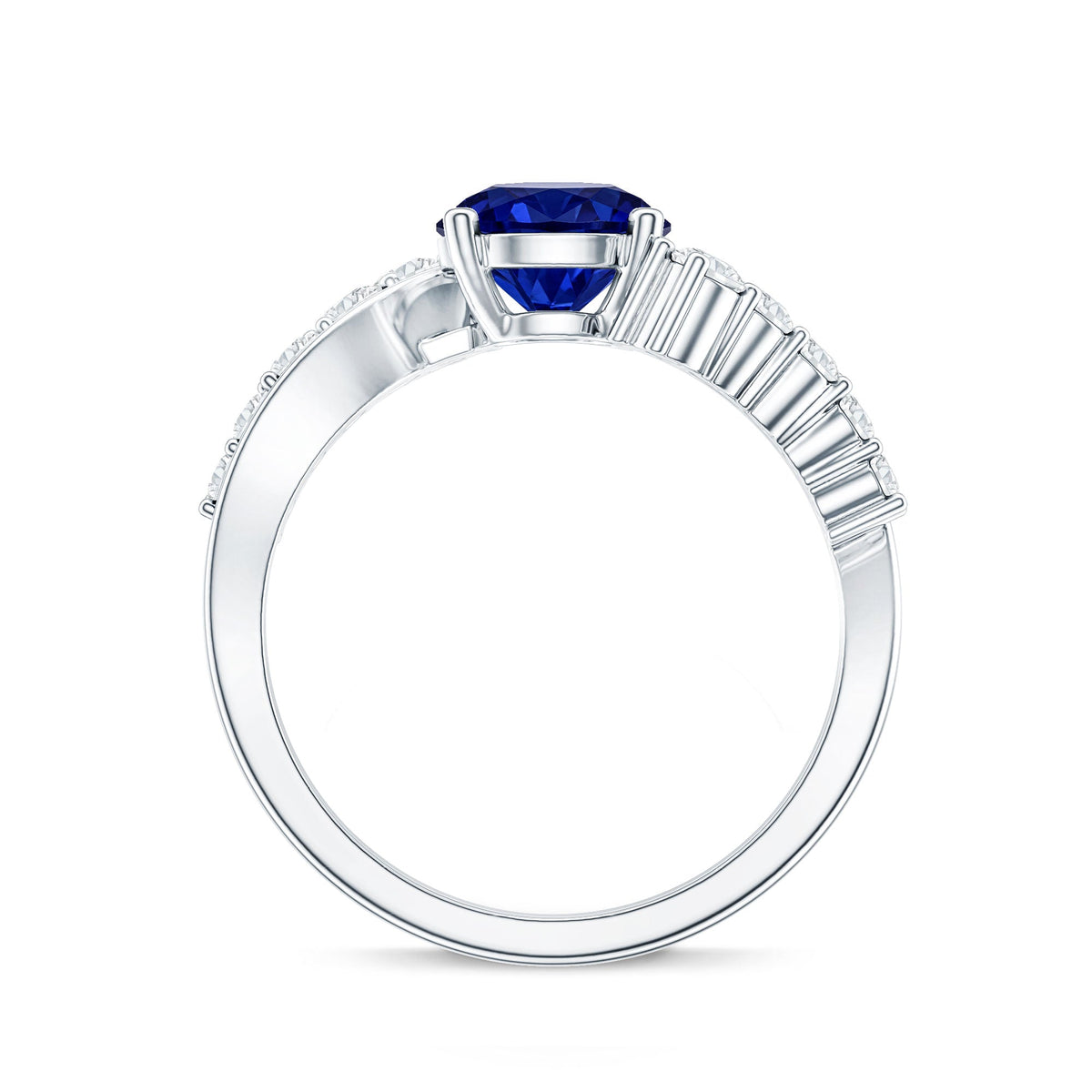 Certified 2.7 Carat Lab Grown Blue Sapphire Engagement Ring with Diamond Bypass Shank