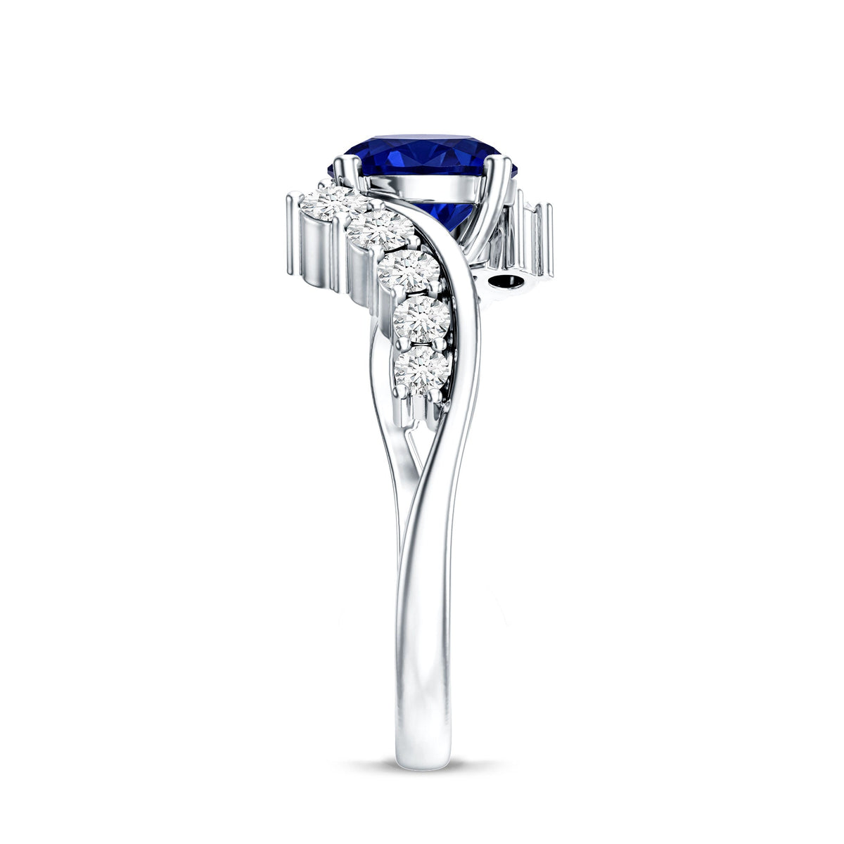 Certified 2.7 Carat Lab Grown Blue Sapphire Engagement Ring with Diamond Bypass Shank