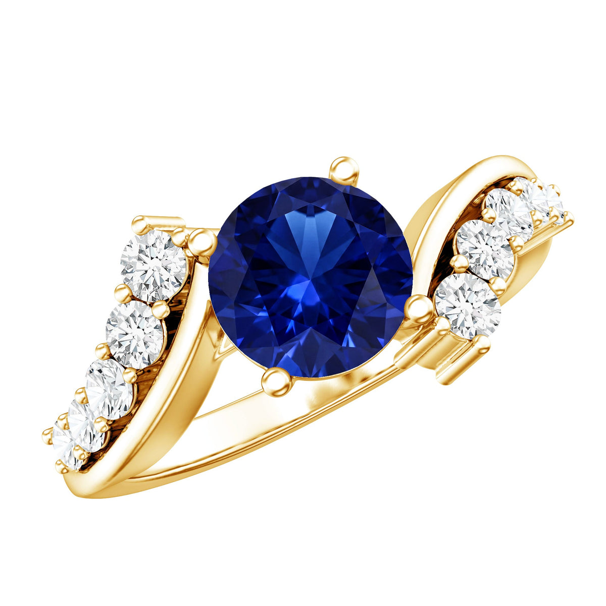 Certified 2.7 Carat Lab Grown Blue Sapphire Engagement Ring with Diamond Bypass Shank