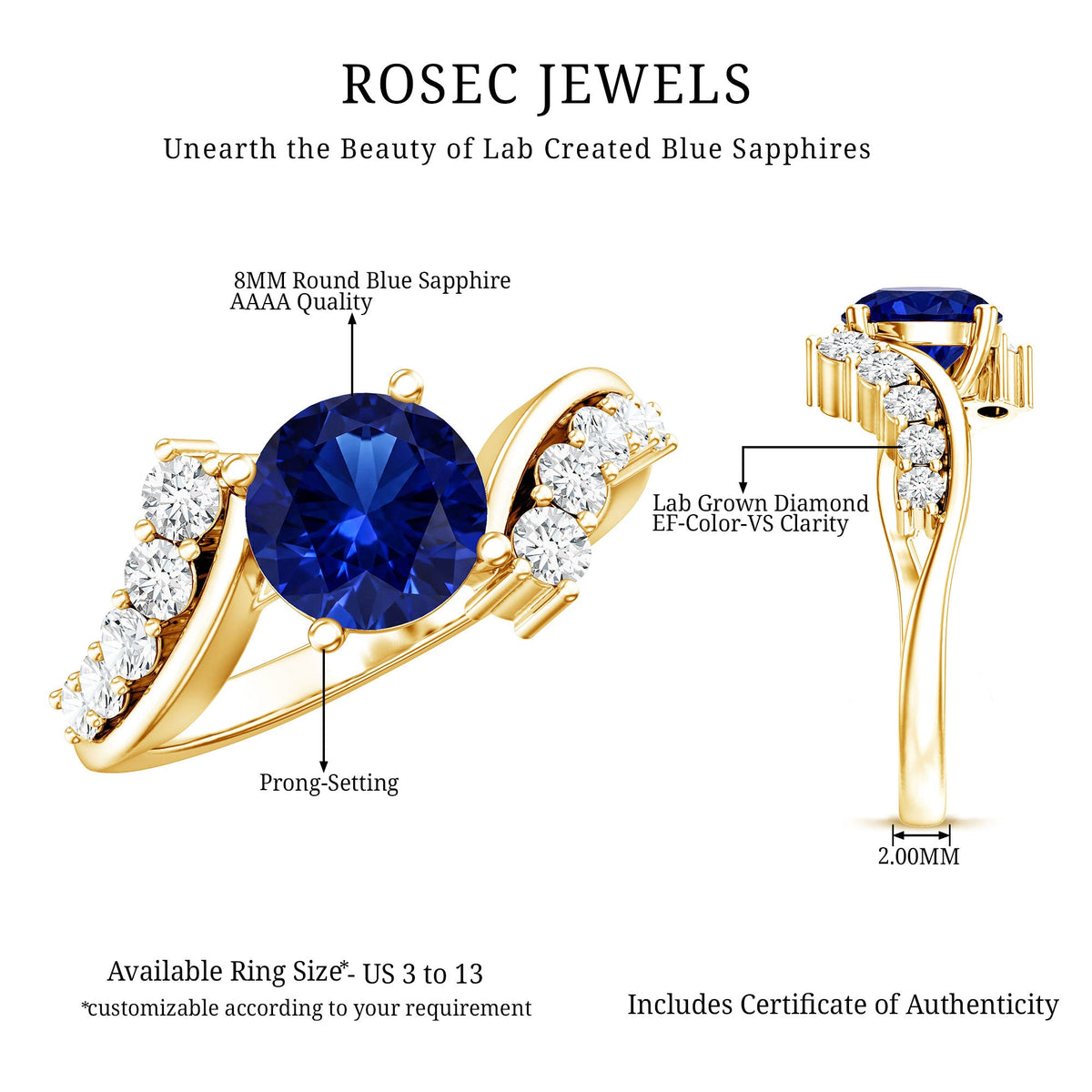 Certified 2.7 Carat Lab Grown Blue Sapphire Engagement Ring with Diamond Bypass Shank