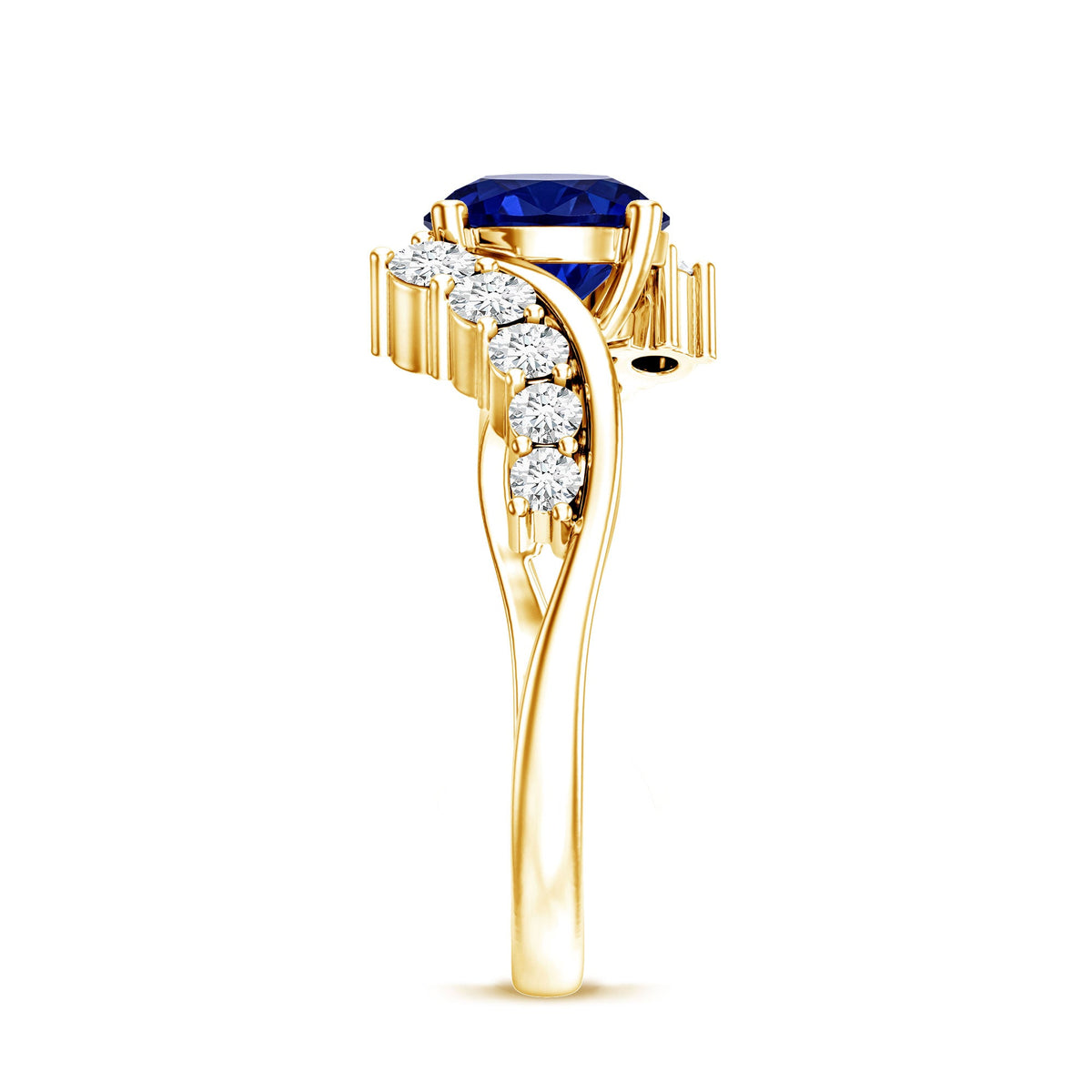 Certified 2.7 Carat Lab Grown Blue Sapphire Engagement Ring with Diamond Bypass Shank