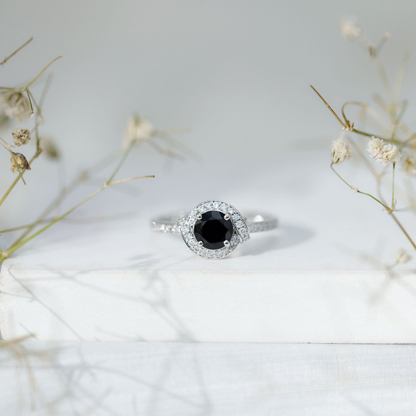 1.3 Carat Lab Grown Black Diamond Engagement Ring with White Diamond Halo