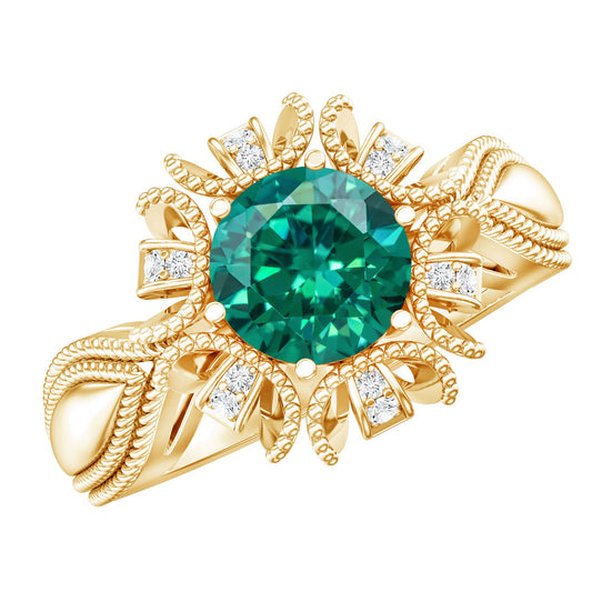 Lab Grown Emerald Vintage Style Flower Engagement Ring With Diamond