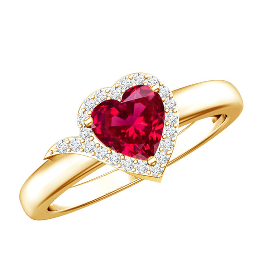 0.9 Carat Lab Grown Ruby Heart Engagement Ring with Diamond Halo