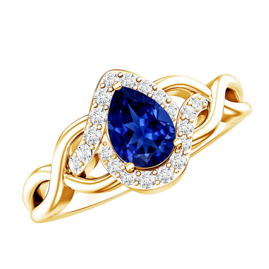 Certified 1.6 Carat Lab Grown Blue Sapphire Diamond Teardrop Engagement Ring with Crossover Shank