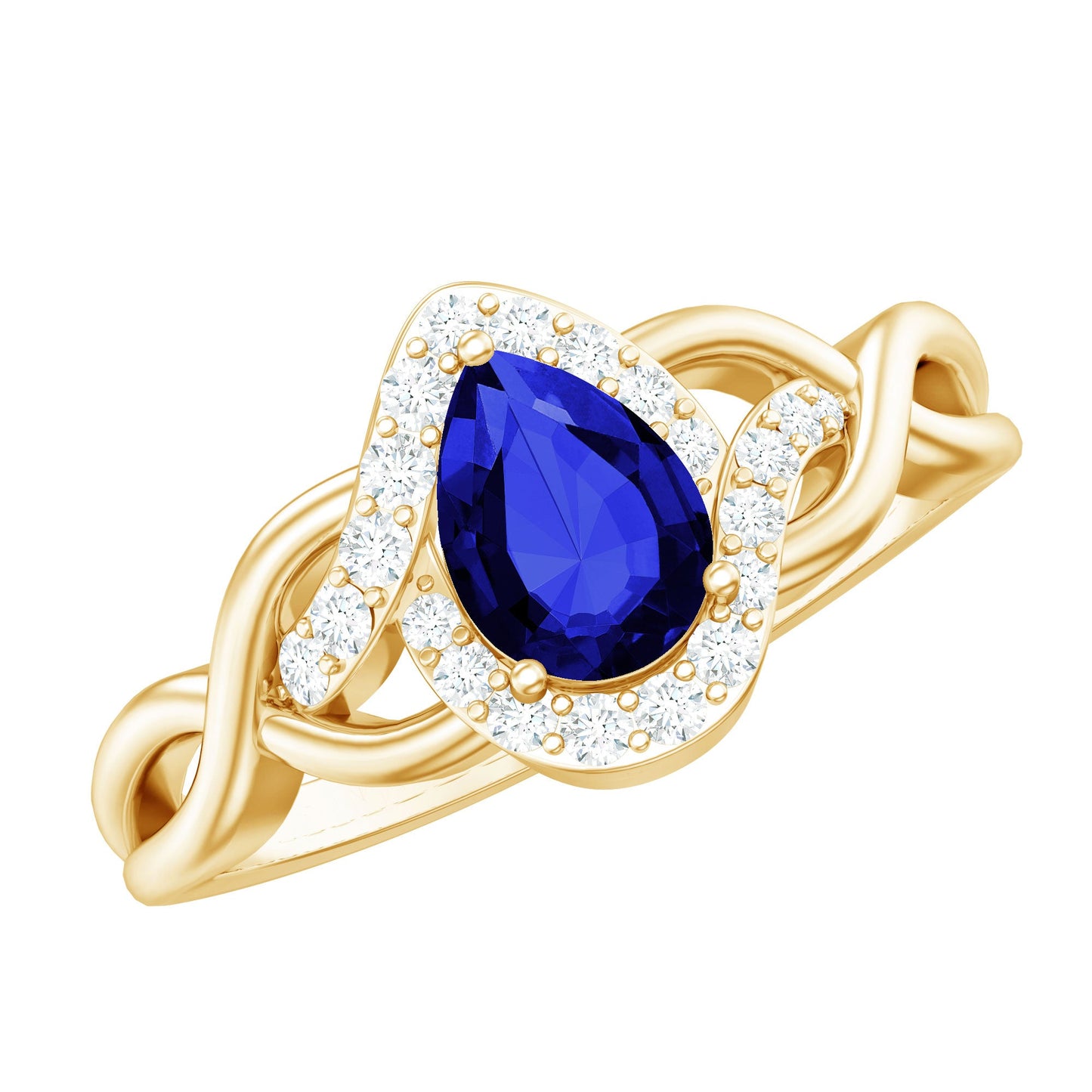 Certified 1.6 Carat Lab Grown Blue Sapphire Diamond Teardrop Engagement Ring with Crossover Shank