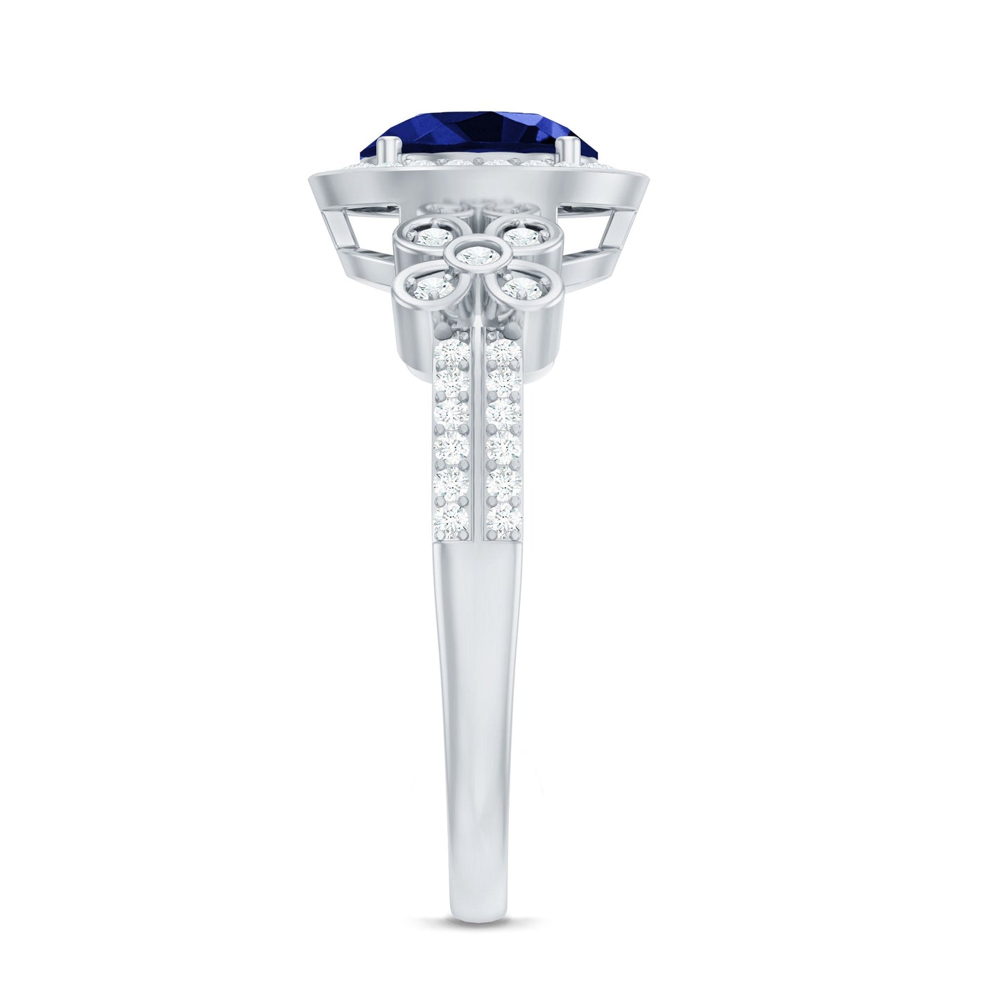 Certified 2.7 Carat Lab Grown Blue Sapphire Halo Engagement Ring with Diamond Flower