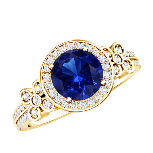 Certified 2.7 Carat Lab Grown Blue Sapphire Halo Engagement Ring with Diamond Flower