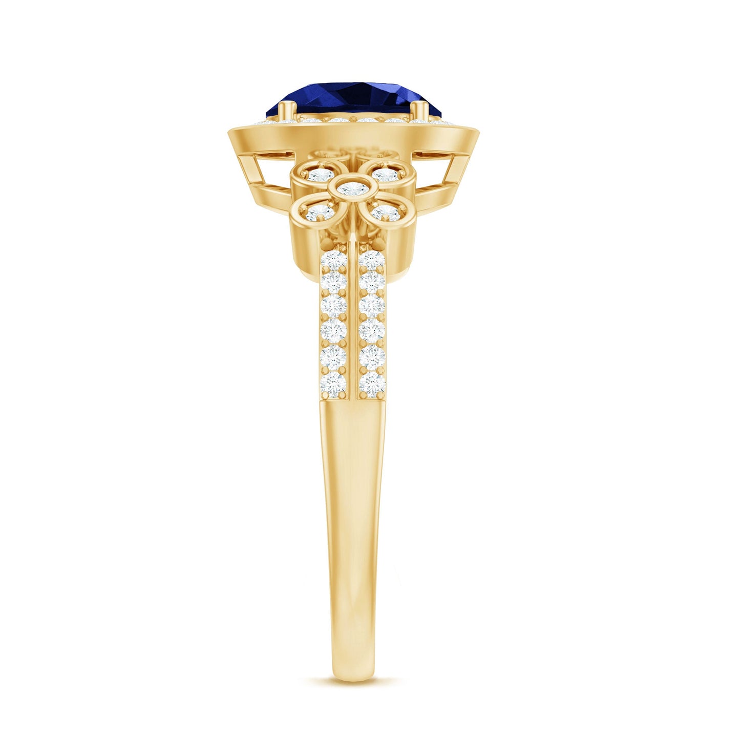 Certified 2.7 Carat Lab Grown Blue Sapphire Halo Engagement Ring with Diamond Flower