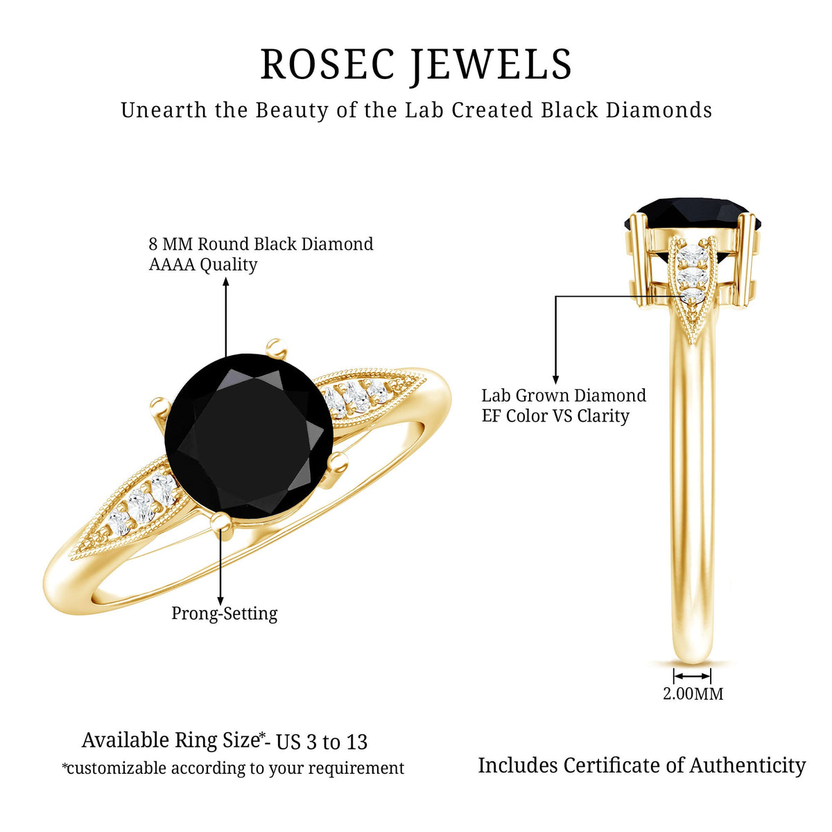 Certified 2 Carat Lab Grown Black Diamond Solitaire Engagement Ring with White Diamond