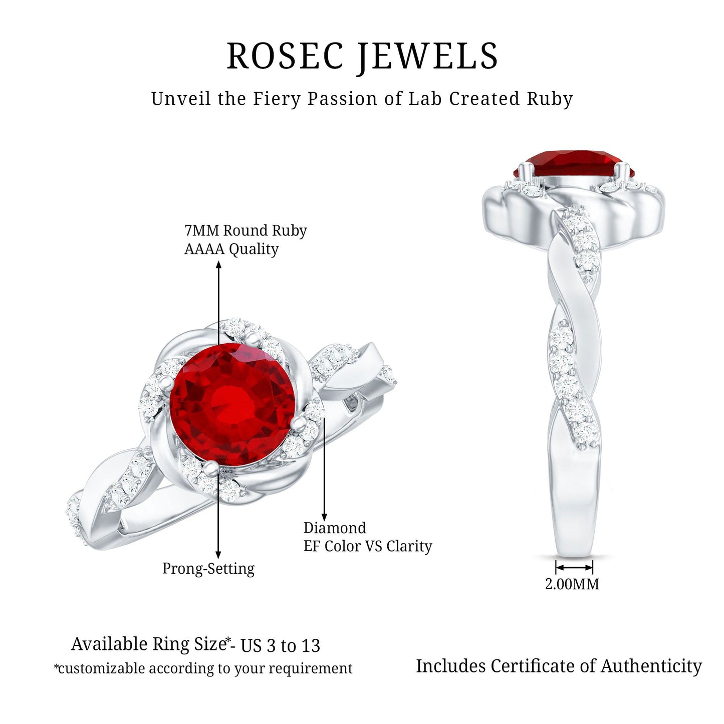 Lab Grown Ruby and Diamond Engagement Ring with Twisted Rope Design