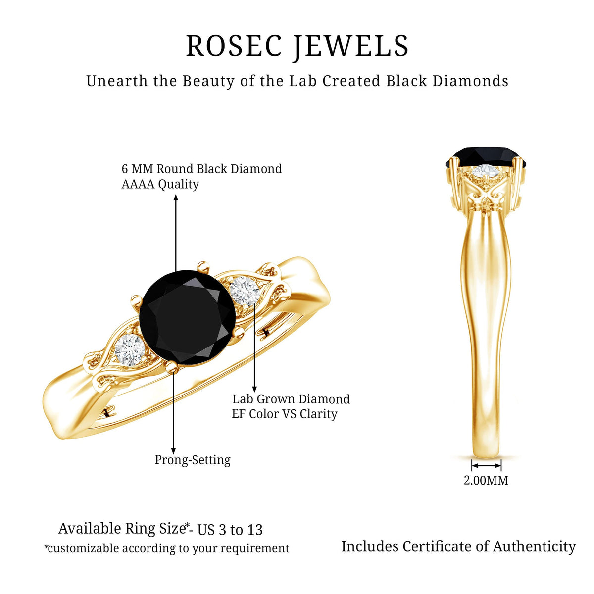 Certified 1.3 Carat Lab Grown Black Diamond Engagement Ring with White Diamond