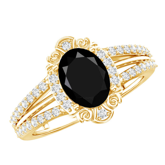 Vintage Style 1.9 Carat Lab Grown Black Diamond Oval Engagement Ring with Diamond Halo