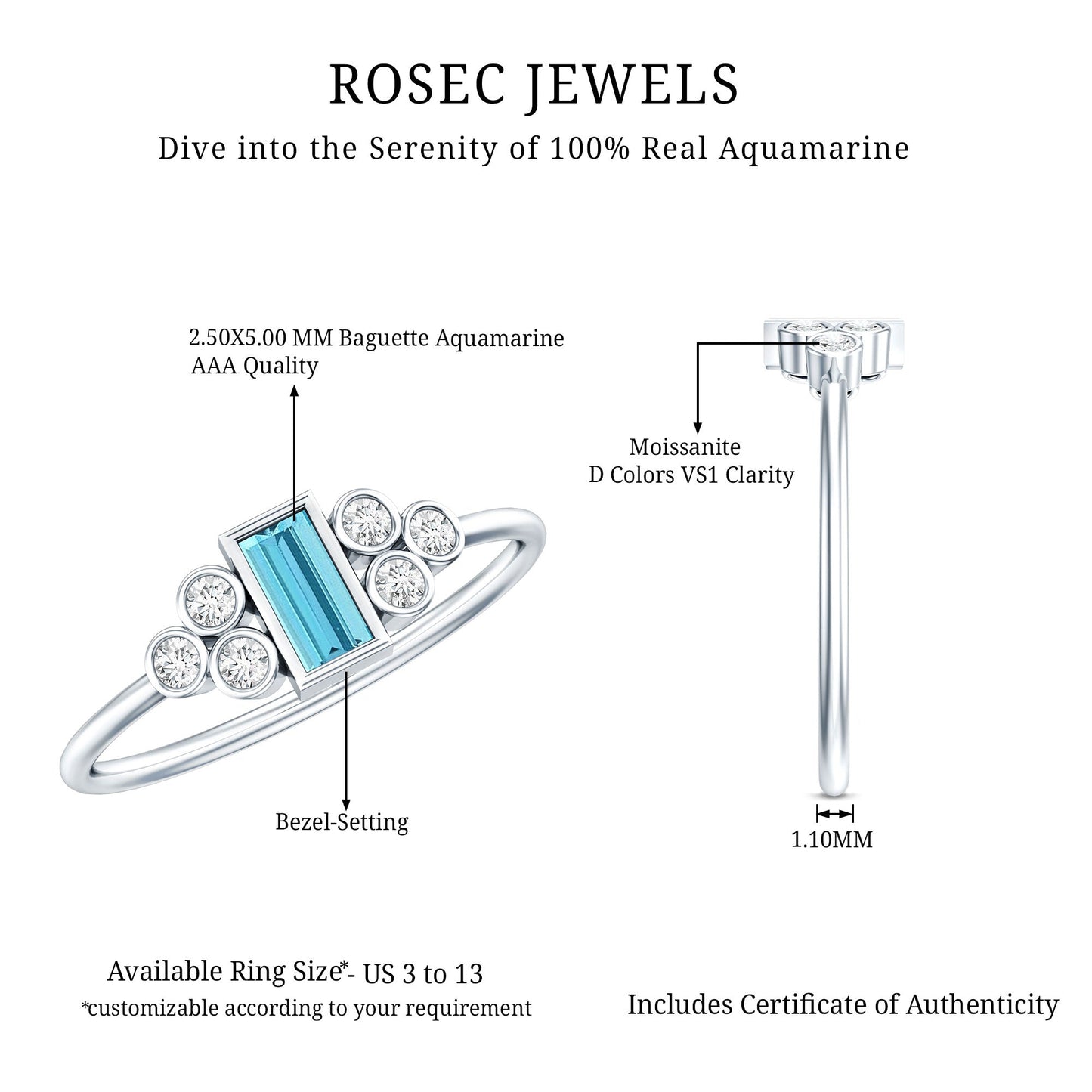 Sterling Silver Baguette Aquamarine Promise Ring with Moissanite Trio
