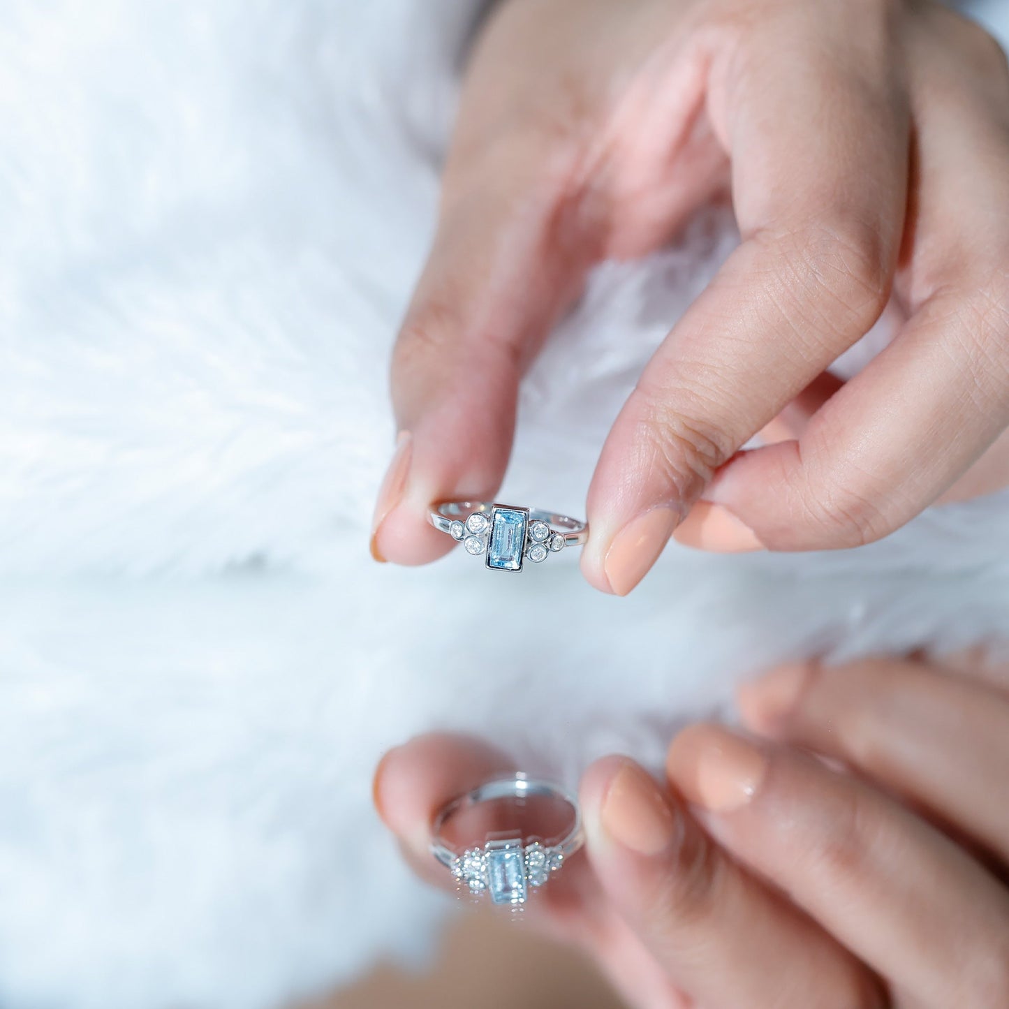 Sterling Silver Baguette Aquamarine Promise Ring with Moissanite Trio