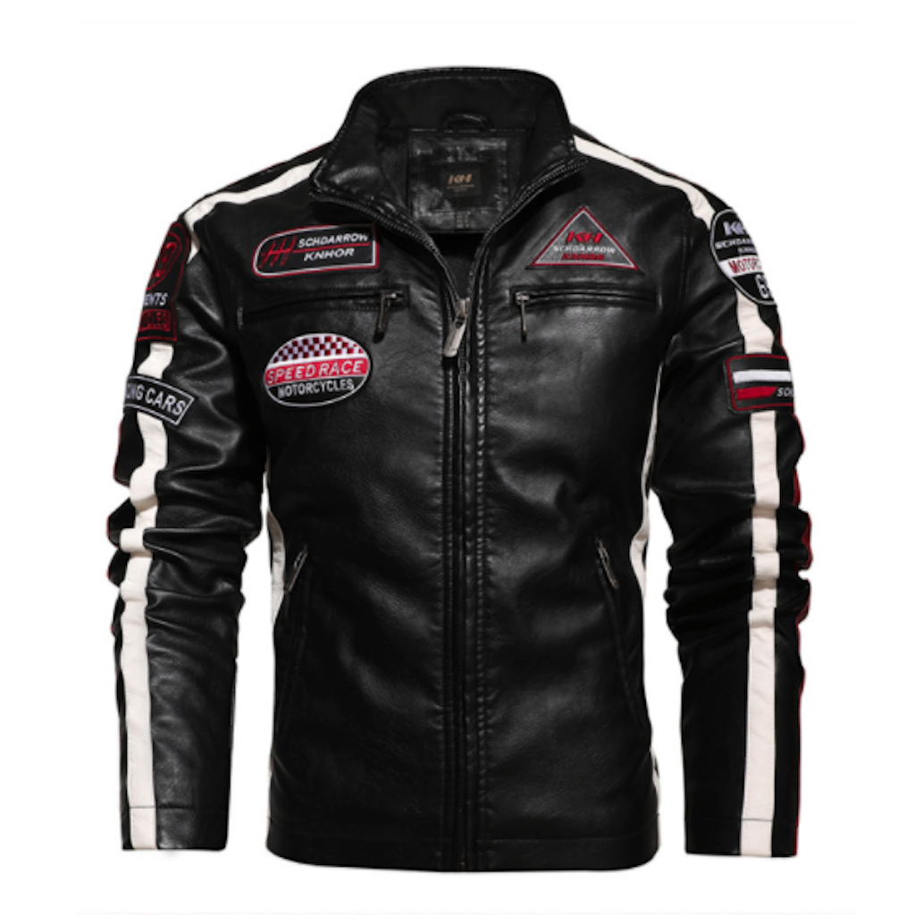 Mens Biker Vegan Leather Jacket With Badges - Great Hall Collections House