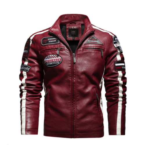 Mens Biker Vegan Leather Jacket With Badges - Great Hall Collections House