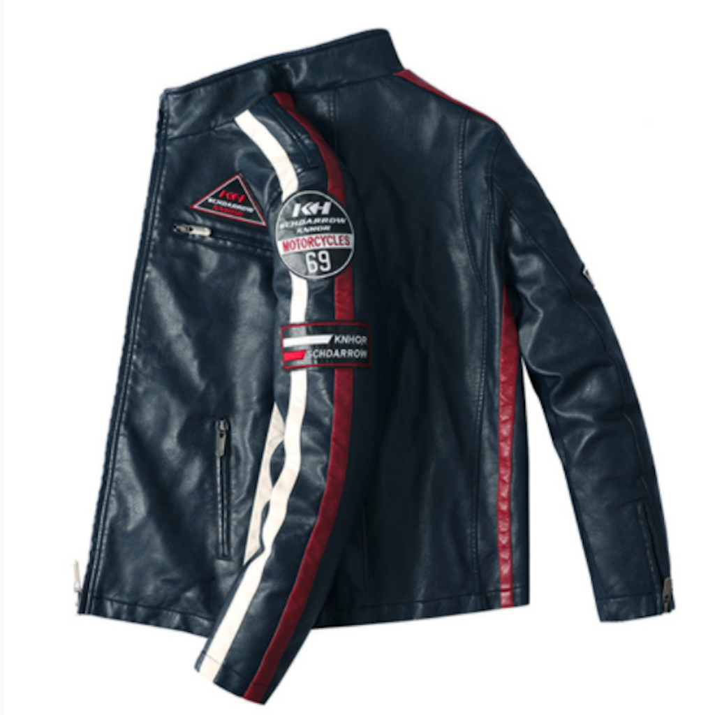 Mens Biker Vegan Leather Jacket With Badges - Great Hall Collections House