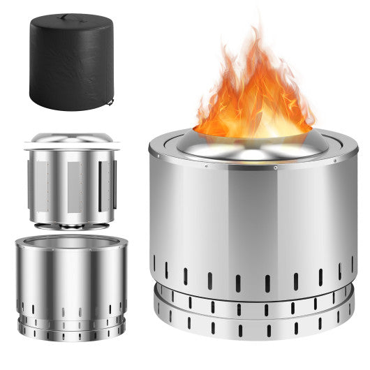Smokeless Stainless Steel Fire Pit with Ash Pan for Yard Camping-Silver