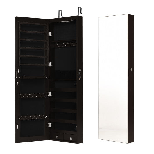 Wall and Door Mounted Mirrored Jewelry Cabinet with Lights-Brown