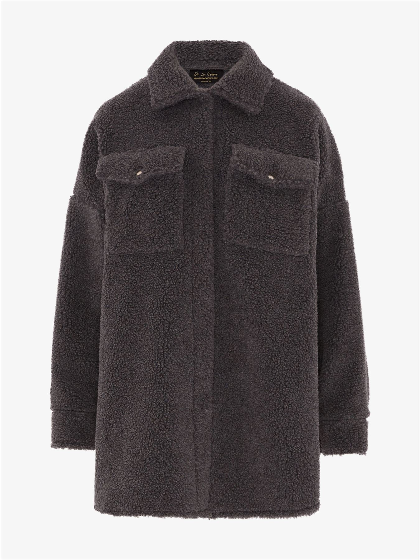 Oversized Stud Button Borg Teddy Shacket            made in UK - Great Hall Collections House