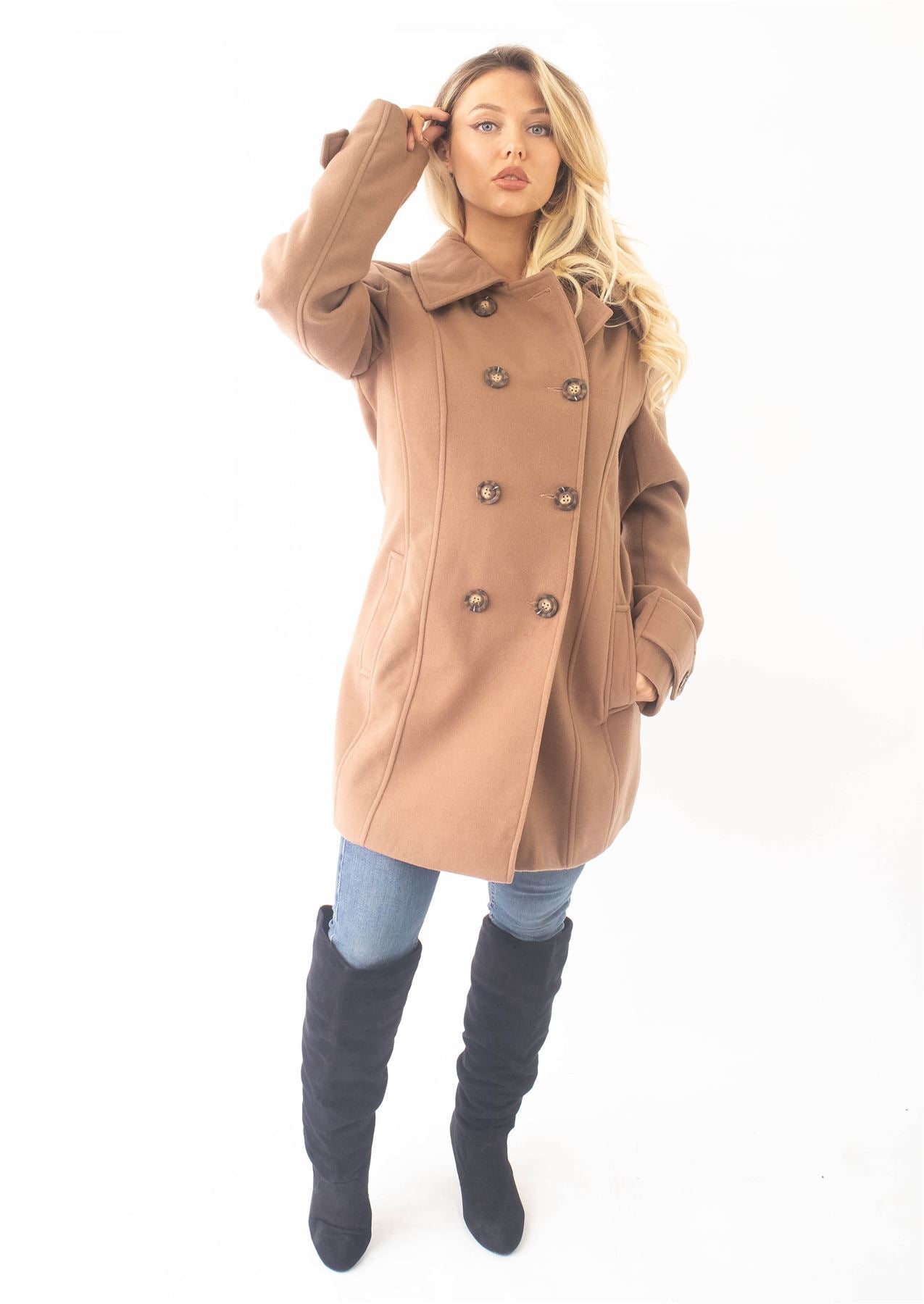 Wool Feel Double Breasted Hooded Coat - Great Hall Collections House