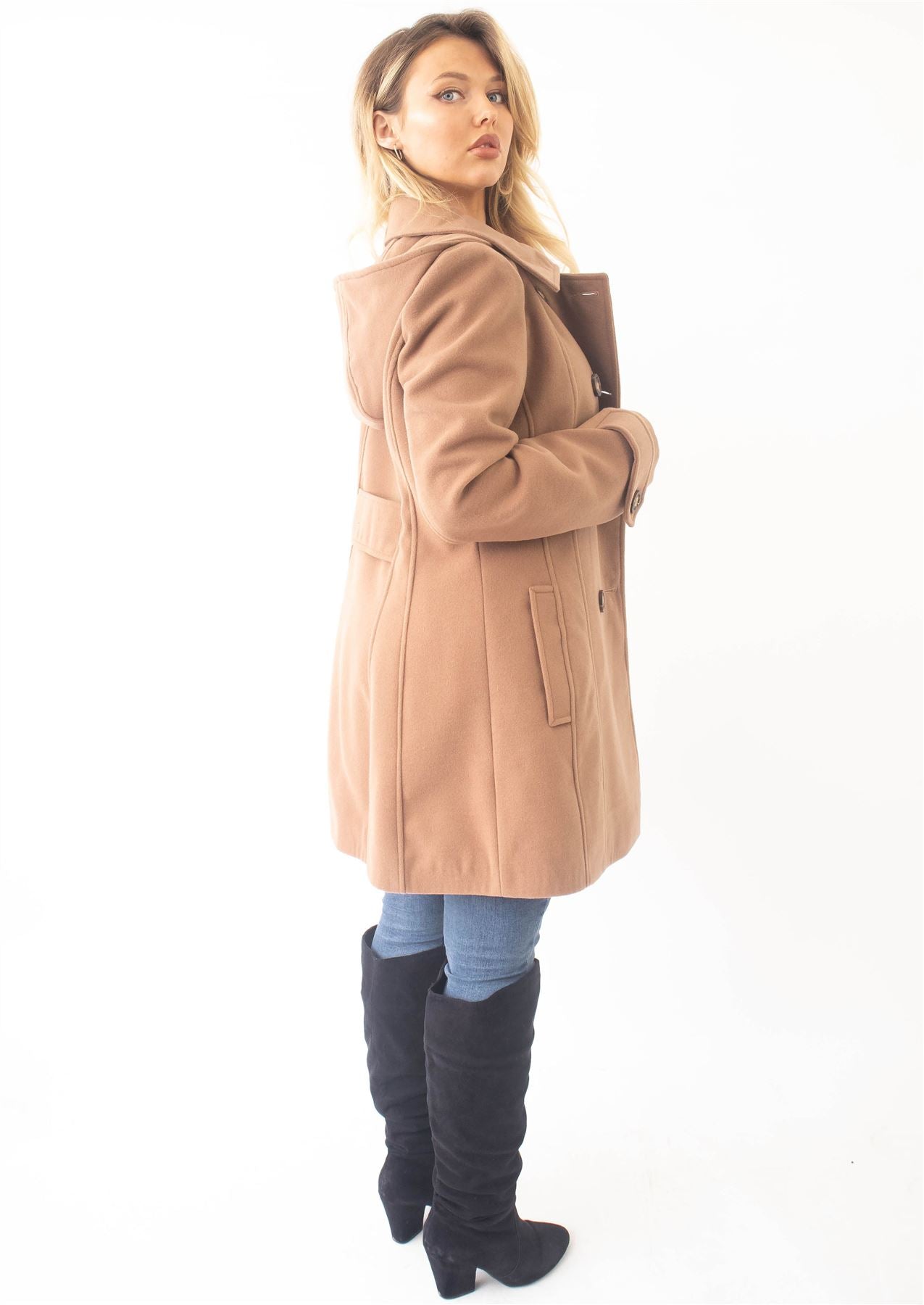 Wool Feel Double Breasted Hooded Coat - Great Hall Collections House