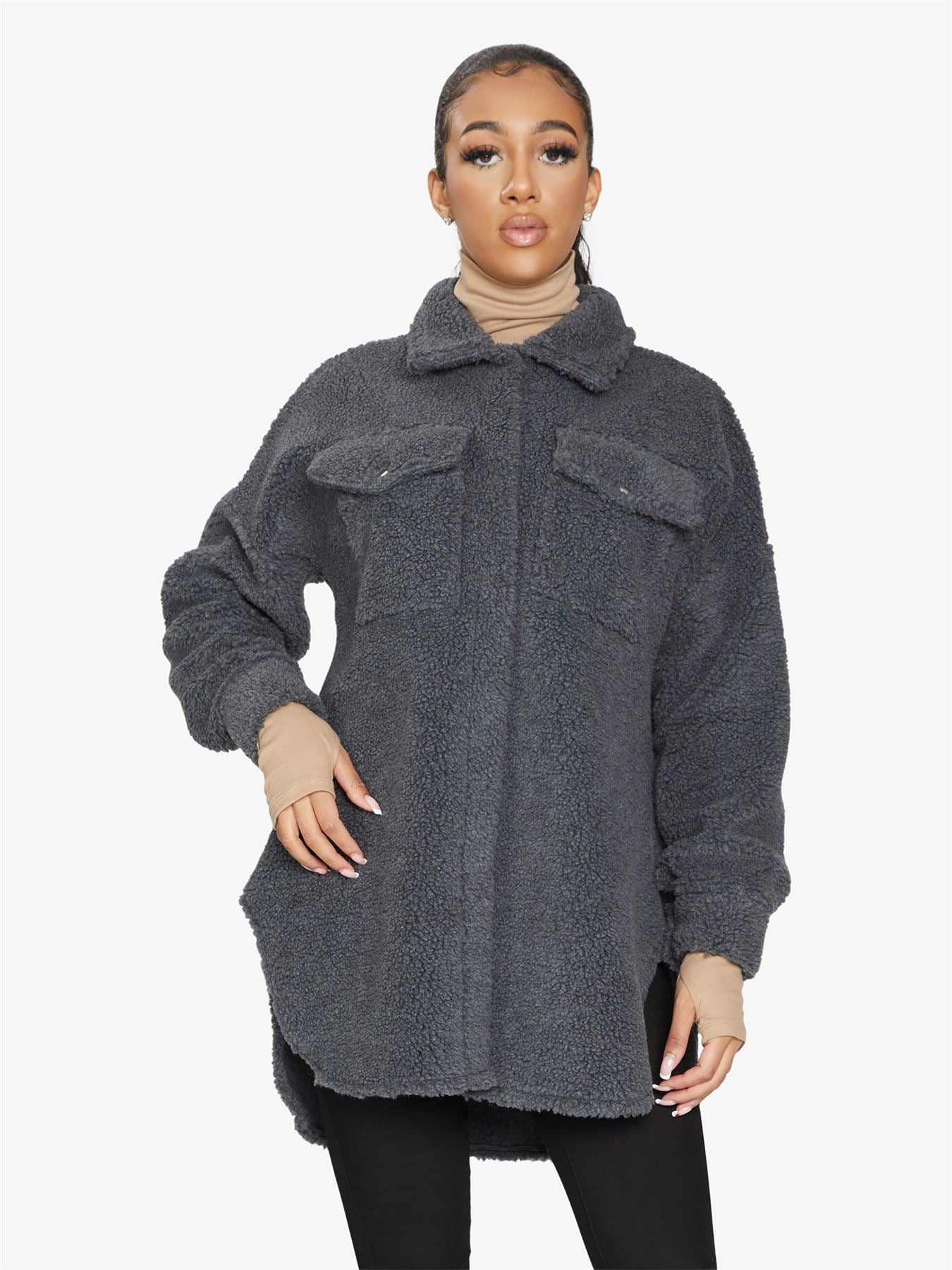 Oversized Stud Button Borg Teddy Shacket            made in UK - Great Hall Collections House