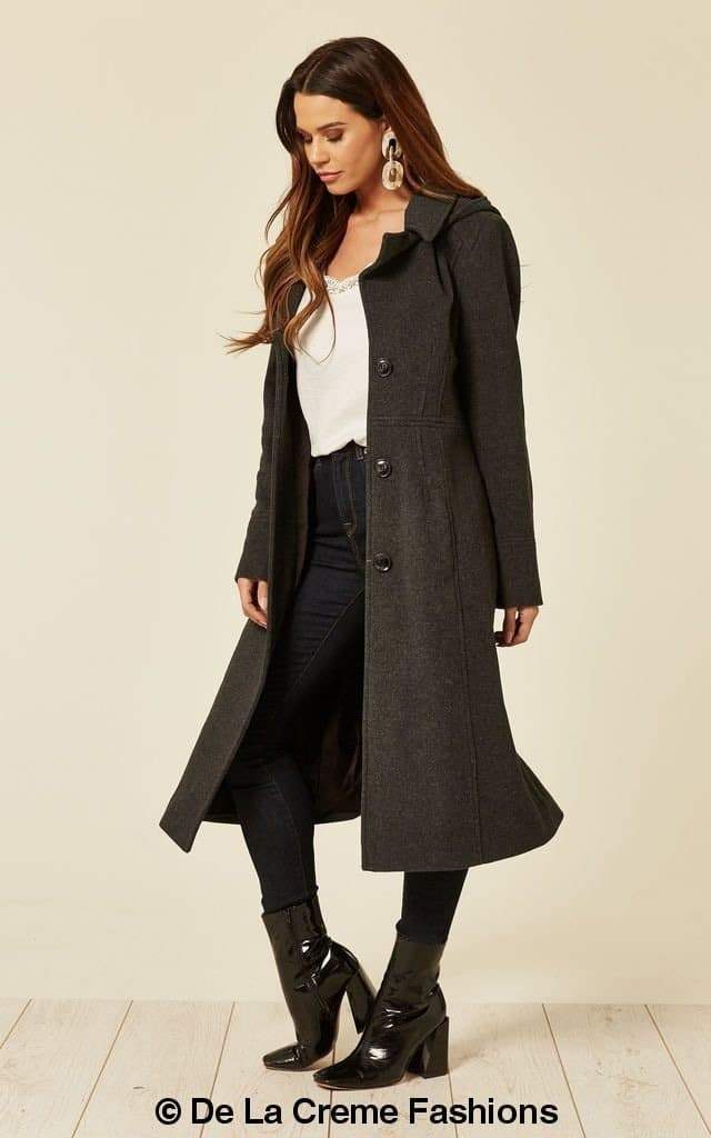 Wool Blend Hooded Mid Length Coat (1704) - Great Hall Collections House