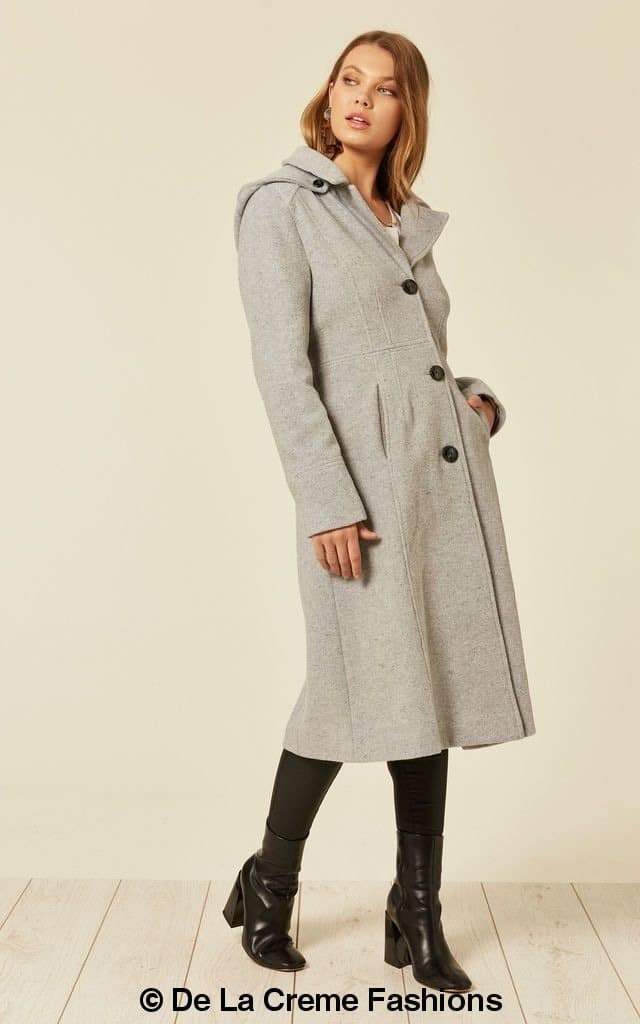 Wool Blend Hooded Mid Length Coat (1704) - Great Hall Collections House
