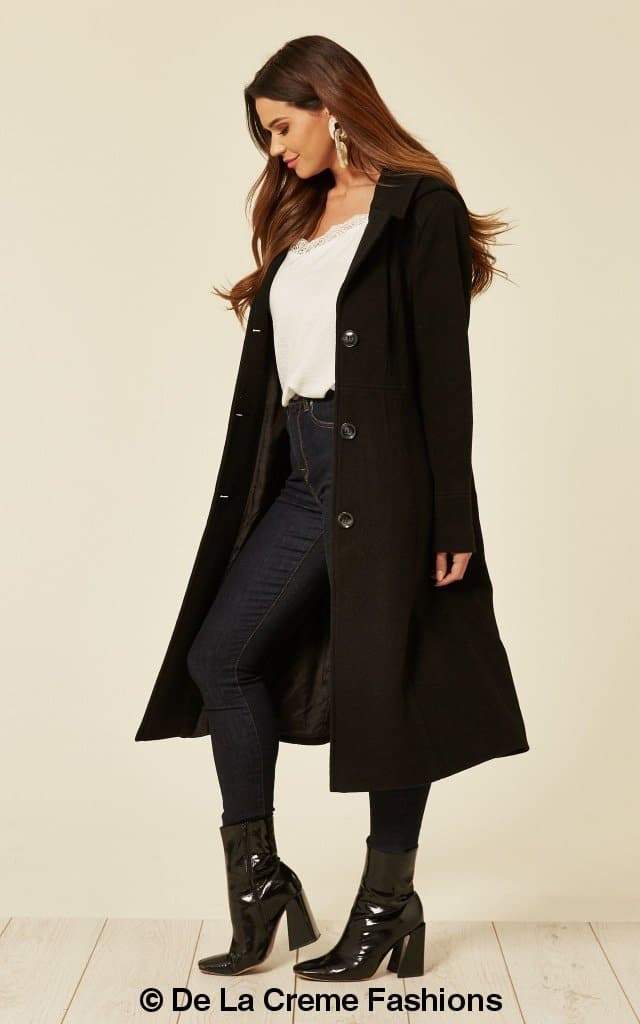 Wool Blend Hooded Mid Length Coat (1704) - Great Hall Collections House