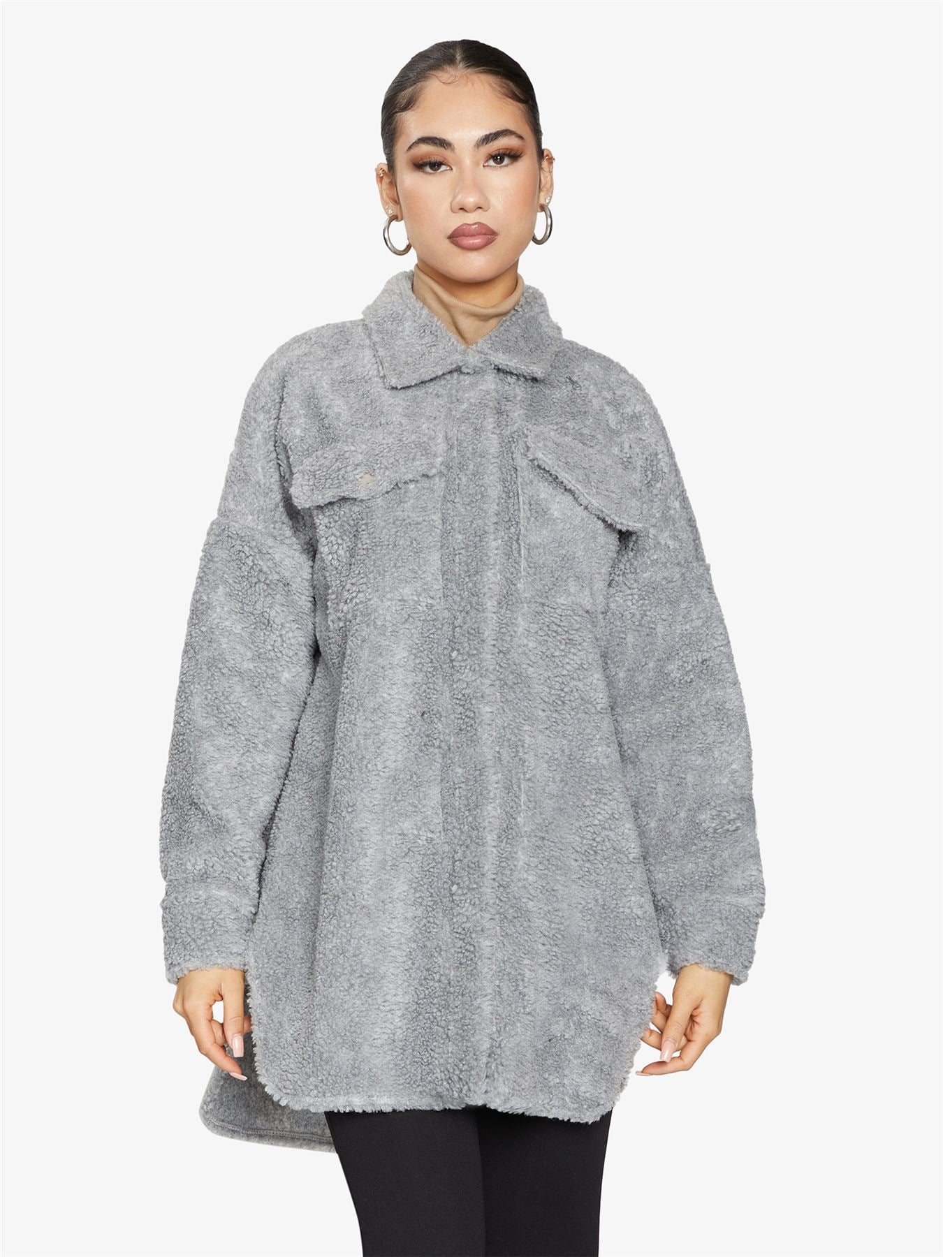 Oversized Stud Button Borg Teddy Shacket            made in UK - Great Hall Collections House