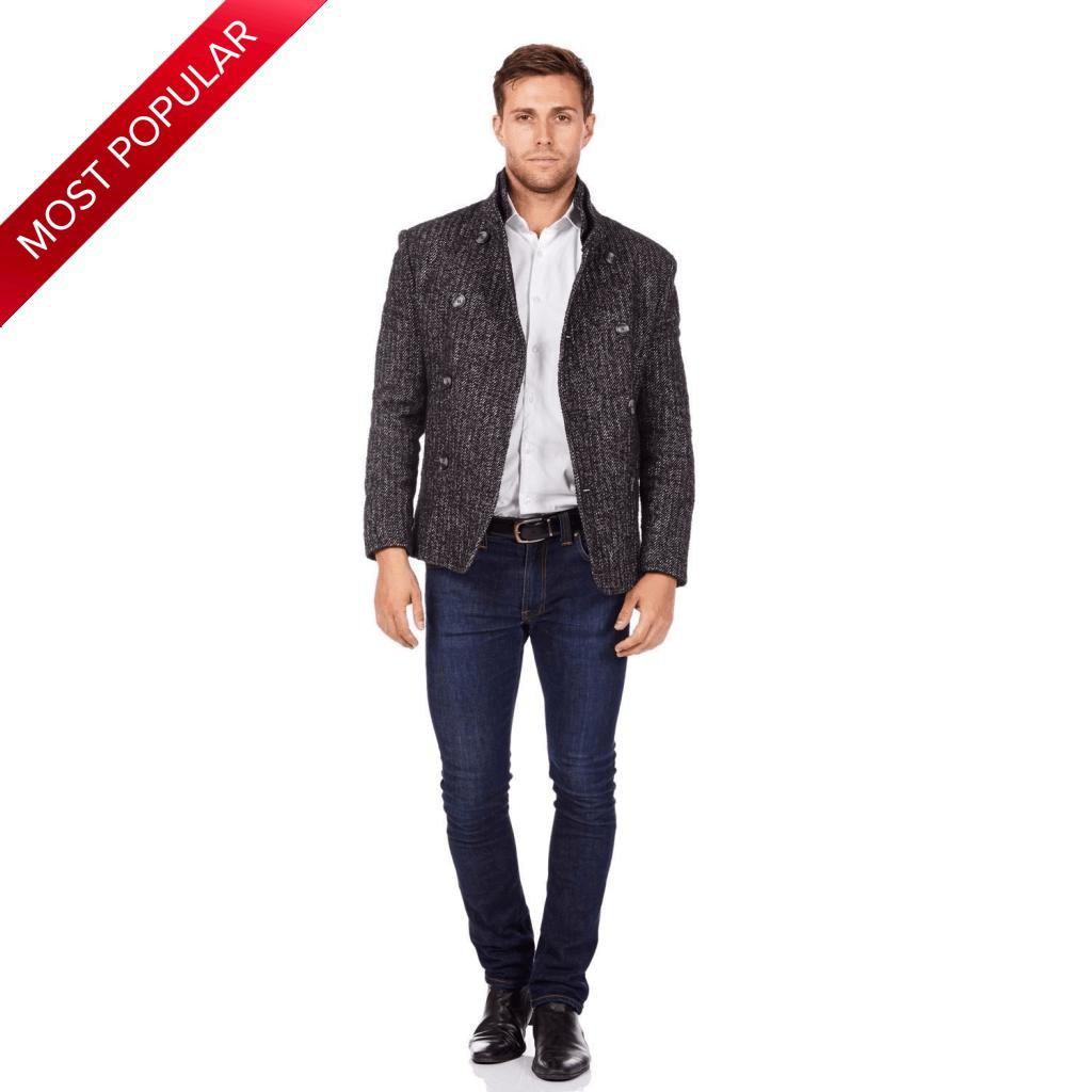 De La Creme MAN - Herringbone Tweed Blend Short Reefer Coat made in UK - Great Hall Collections House