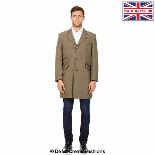 De La Creme MAN - Mens Wool Blend Herringbone Design Coat made in uk - Great Hall Collections House