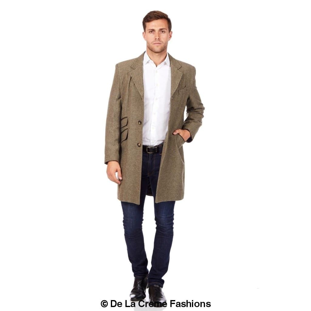 De La Creme MAN - Mens Wool Blend Herringbone Design Coat made in uk - Great Hall Collections House