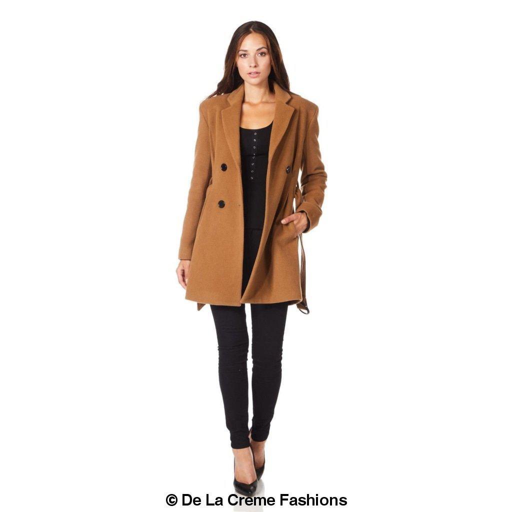 De La Creme - Womens Camel Textured Short Belted Coat - Great Hall Collections House