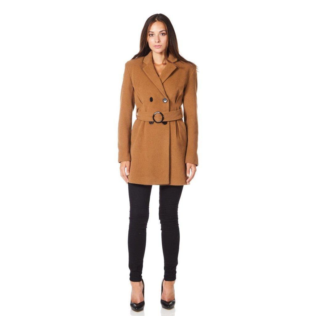 De La Creme - Womens Camel Textured Short Belted Coat - Great Hall Collections House
