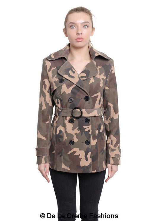 De La Creme - Womens Camo Print Double Breasted Short Coat - Great Hall Collections House
